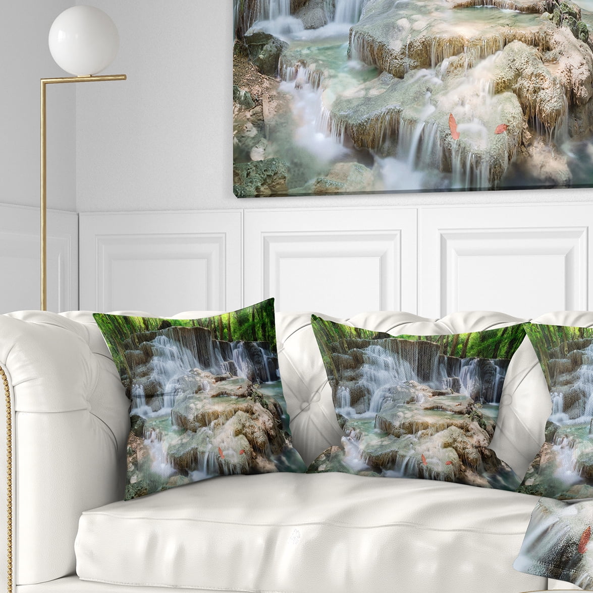 Designart White Huay Mae Kamin Waterfall - Landscape Photography Throw Pillow - 16x16