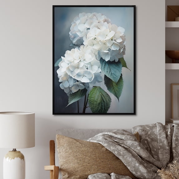Designart "White Hydrangea Hues" Floral Floater Framed Canvas Print