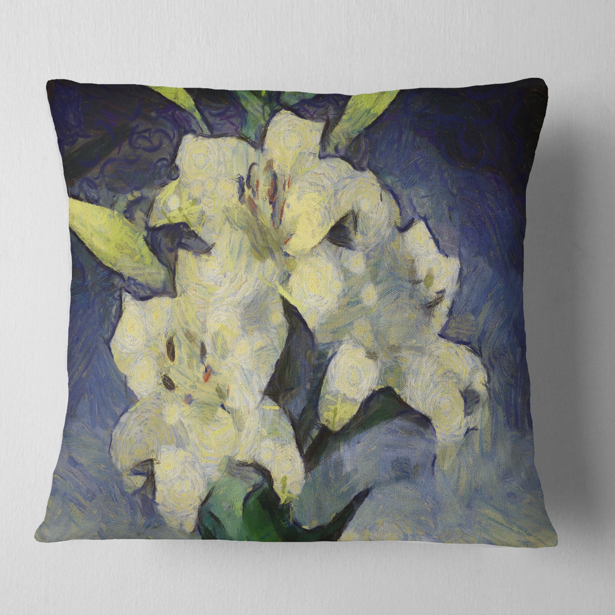 Designart White Lilies on Blue Watercolor - Floral Throw Pillow - 16x16