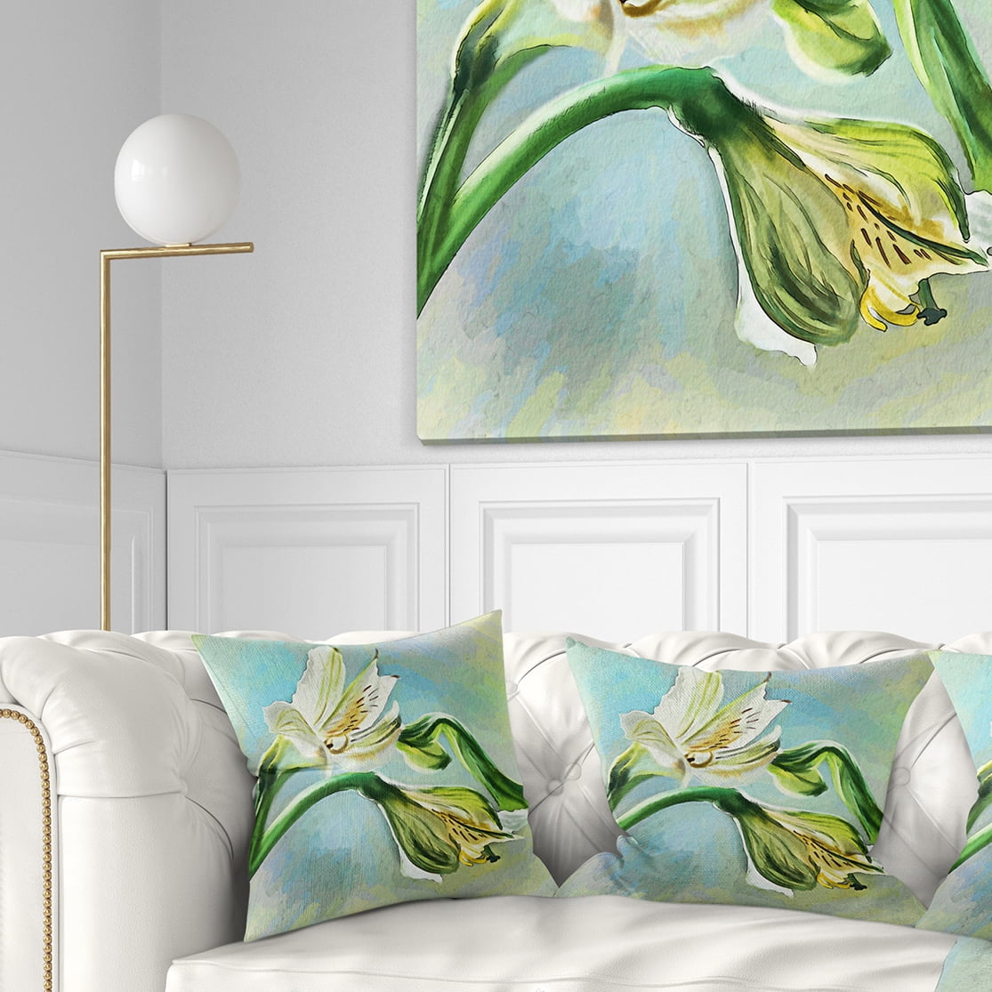 Designart White Lily Flower Sketch Watercolor - Floral Throw Pillow - 18x18