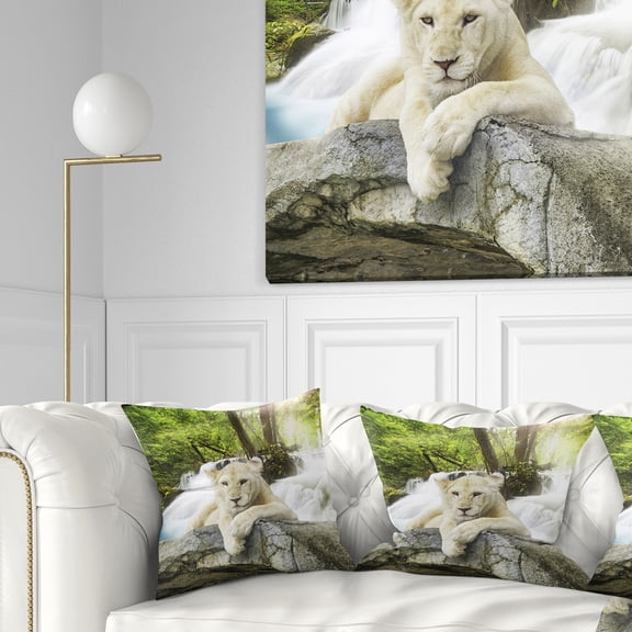Designart White Lion - Animal Throw Pillow - 16x16