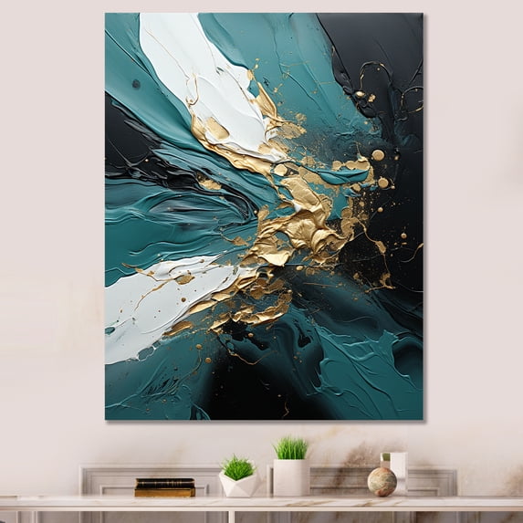 Designart "White Marble Waterfall with Gold and Green Accents III" Abstract Canvas Wall Art - Modern Gold Abstract Painting Entryway Wall Art Print