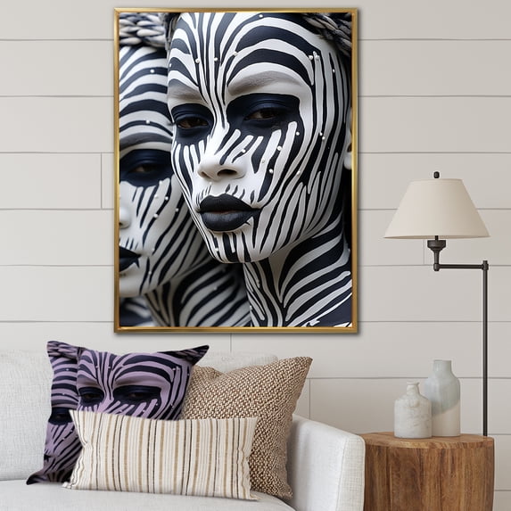 Designart "White Mursi Pride Portrait" People Framed Wall Art - Global White African Tribal Bedroom Framed Canvas Wall Art