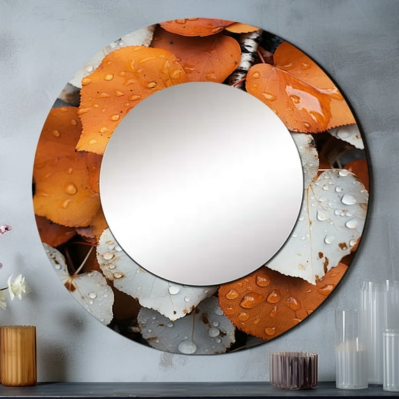Designart "White and Orange Forest Leaves in Aspen Colorado Landscape" Botanical White Large Round Mirror - Round Bedroom Mirror Wall Decor - Traditional Round Printed Mirror - 29" x 29"