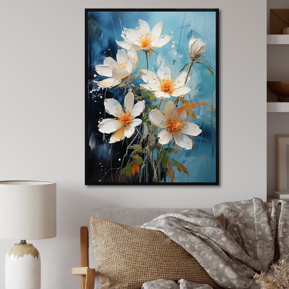 Designart "White Orange beautyful Snowdrops Flowers I" Floral & Botanical Floater Framed Canvas Wall Art