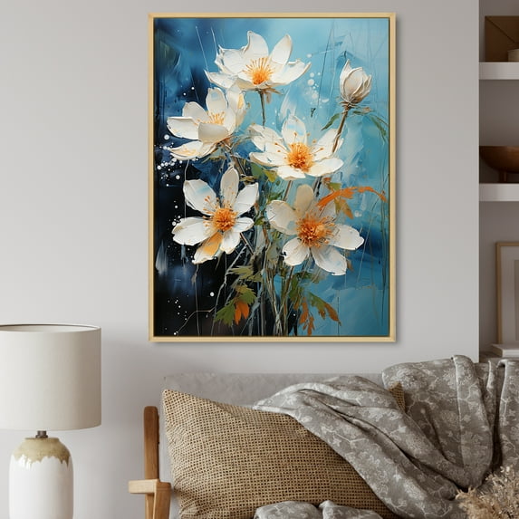 Designart "White Orange beautyful Snowdrops Flowers I" Floral & Botanical Floater Framed Canvas Wall Art