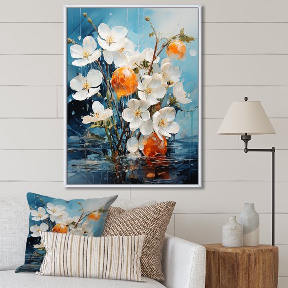 Designart "White Orange beautyful Snowdrops Flowers II" Floral & Botanical Floater Framed Wall Decor
