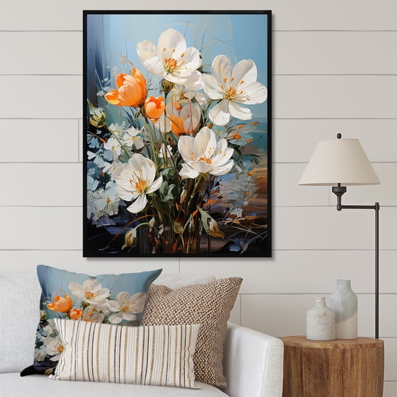 Designart "White Orange beautyful Snowdrops Flowers III" Floral & Botanical Floater Framed Canvas Print