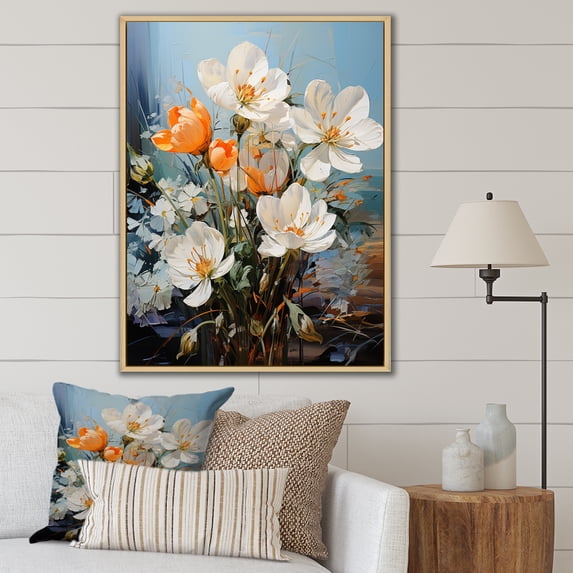 Designart "White Orange beautyful Snowdrops Flowers III" Floral & Botanical Floater Framed Canvas Print