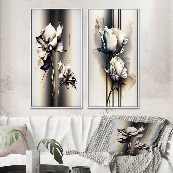 Designart "White Orchid on Golden Beige Canvas III" Orchid Framed Wall Art Set Of 2 - White Floral Framed Wall Art Set Of 2