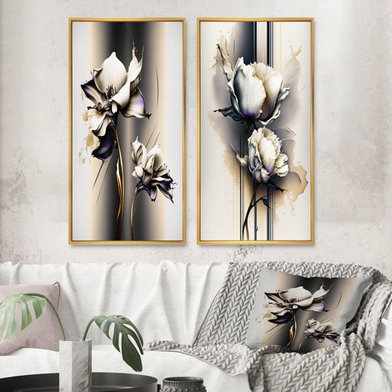 Designart "White Orchid on Golden Beige Canvas III" Orchid Framed Wall Art Set Of 2 - White Floral Framed Wall Art Set Of 2