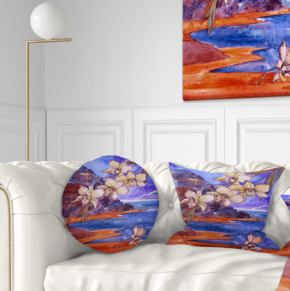 Designart White Orchid with Sea - Floral Throw Pillow - 12x20