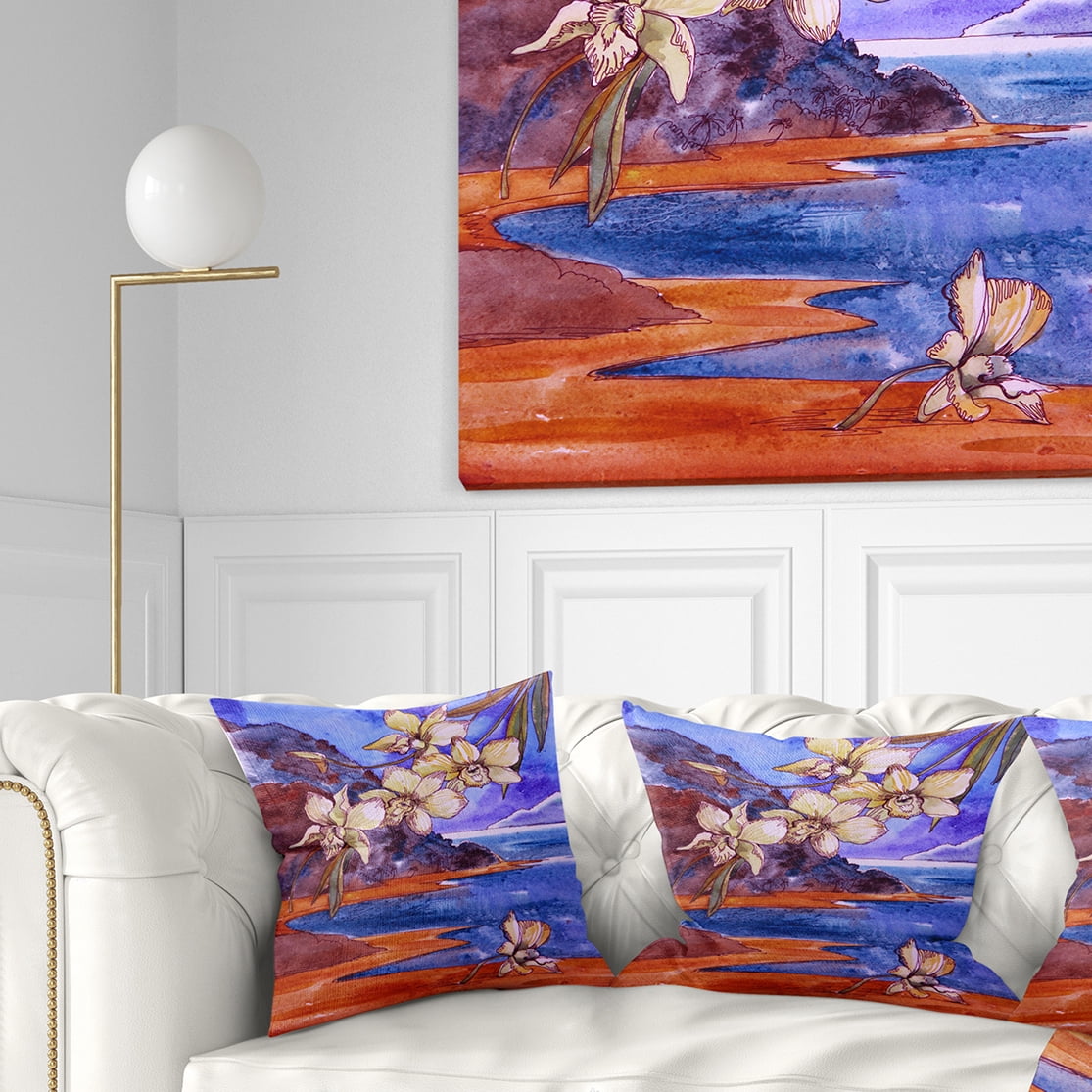 Designart White Orchid with Sea - Floral Throw Pillow - 16x16