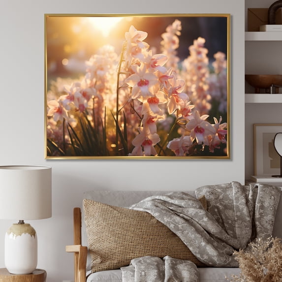 Designart "White Orchids landscape With Sunset" Floral Floater Framed Canvas Print