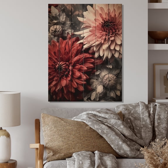 Designart "White Peach Mums Blossoms Delicate Florals" Floral Print on Natural Pine Wood