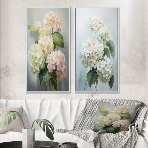 Designart "White Pink Hydrangea Blooms" Hydrangea Framed Wall Art Set Of 2 - White Floral Framed Wall Art Set Of 2