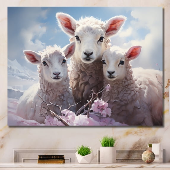 Designart "White Pink White Pink Sheep delicate Guardians II" Animals Wall Decor