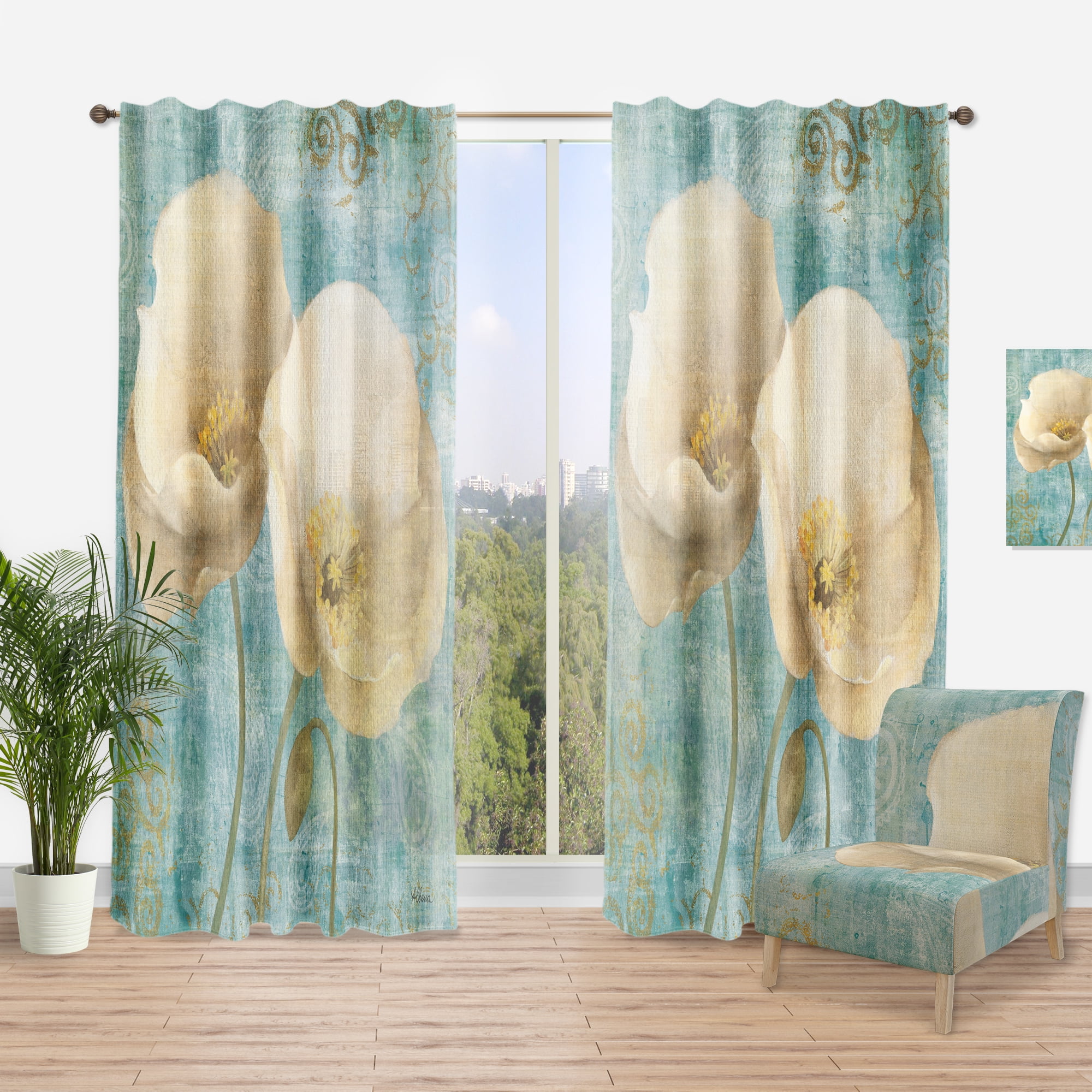 Designart 'White Poppies on Paisley' Cottage Curtain Panel