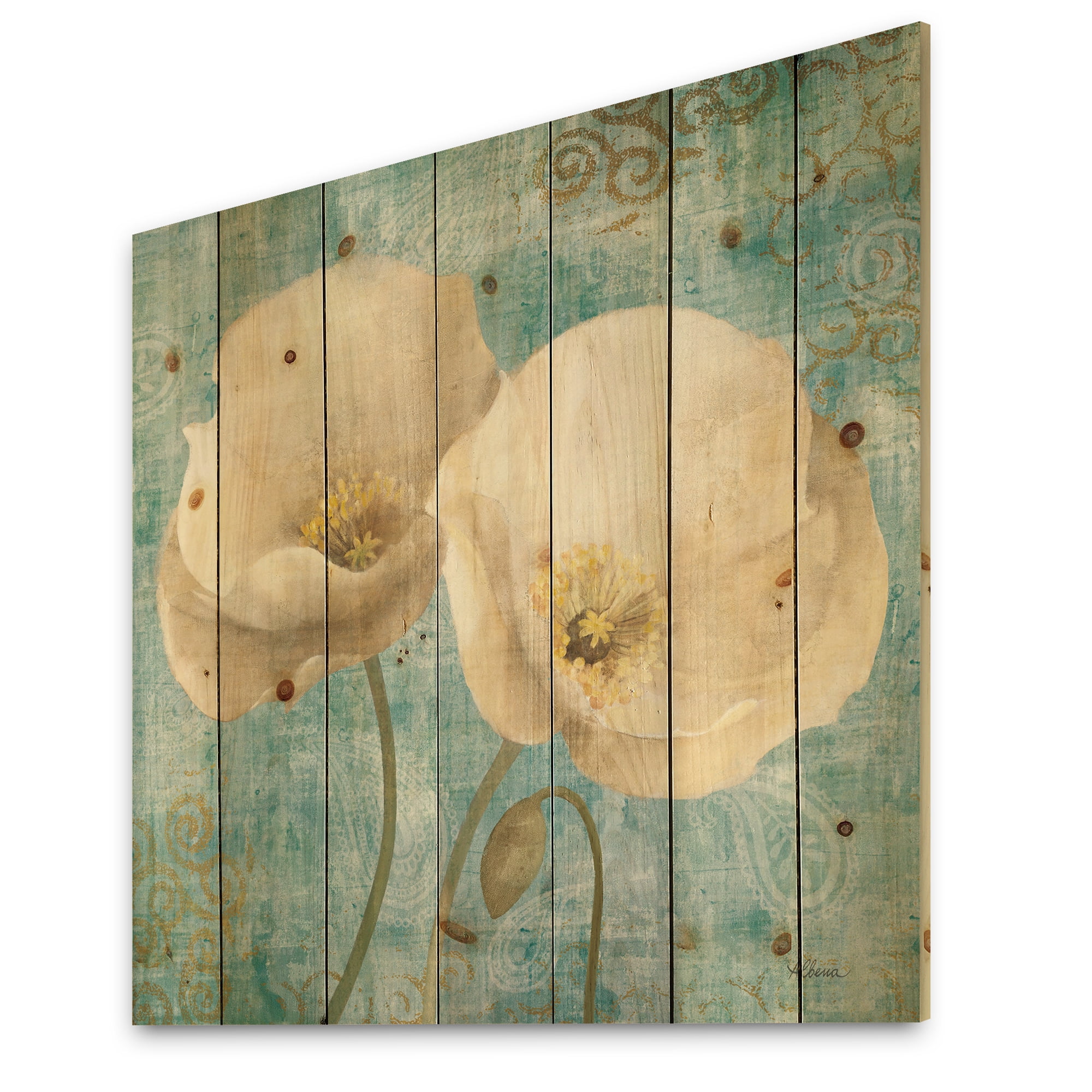 Designart 'White Poppies on Paisley' Cottage Print on Natural Pine Wood