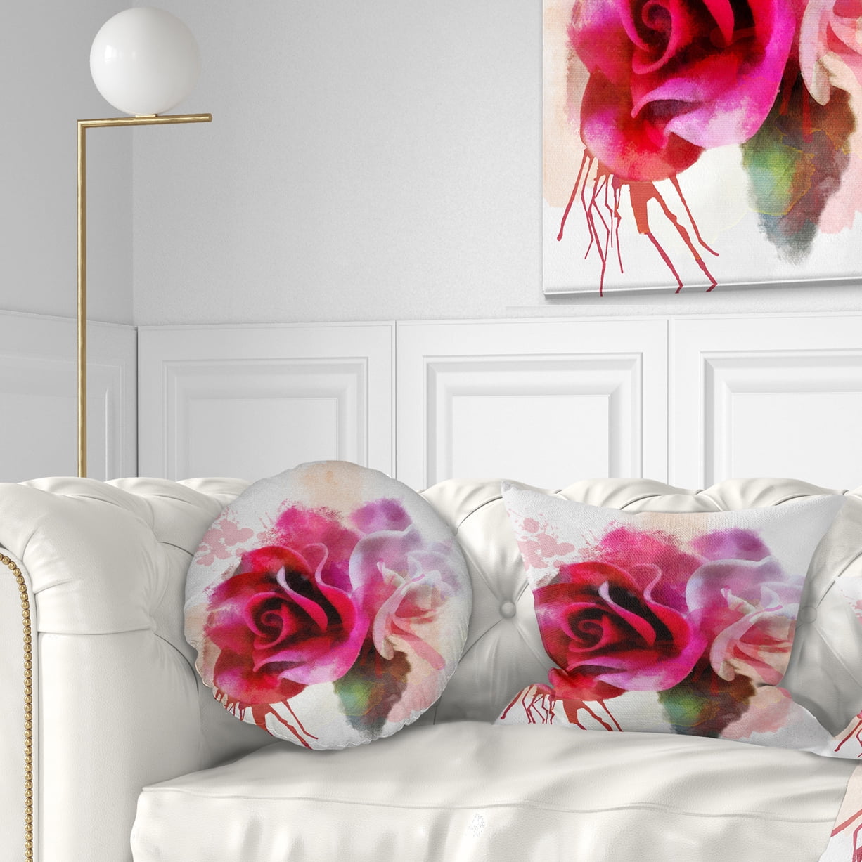 Designart White Red Roses with Color Splashes - Floral Throw Pillow - 12x20