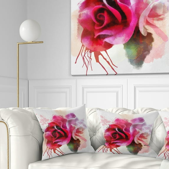 Designart White Red Roses with Color Splashes - Floral Throw Pillow - 16x16