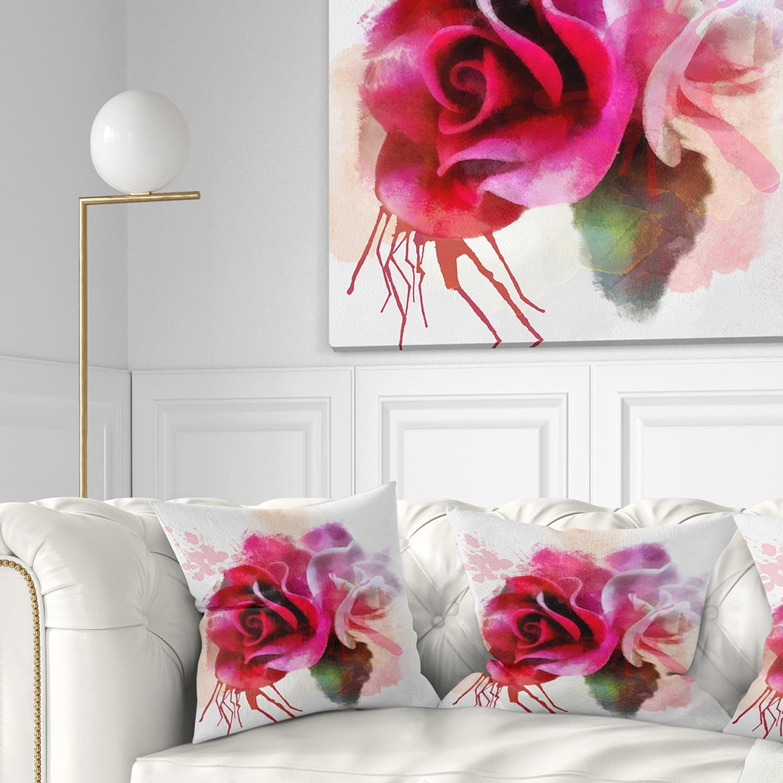 Designart White Red Roses with Color Splashes - Floral Throw Pillow - 18x18