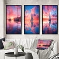 thumbnail image 1 of Designart "White Sailboat with Sunset Reflection Coastal Serenity I" Boat Framed Wall Art Set Of 3 - Purple Modern Frame Canvas Set For Living Room Decor, 1 of 6