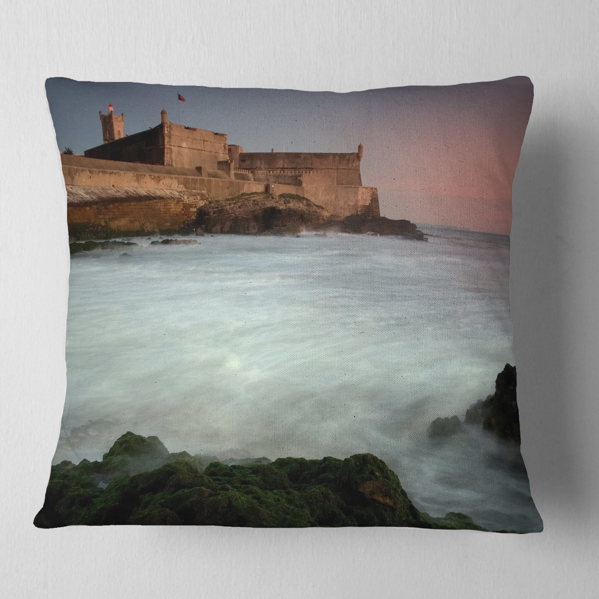 Designart White Seascape at Old Fort Lisbon - Seashore Throw Pillow - 16x16