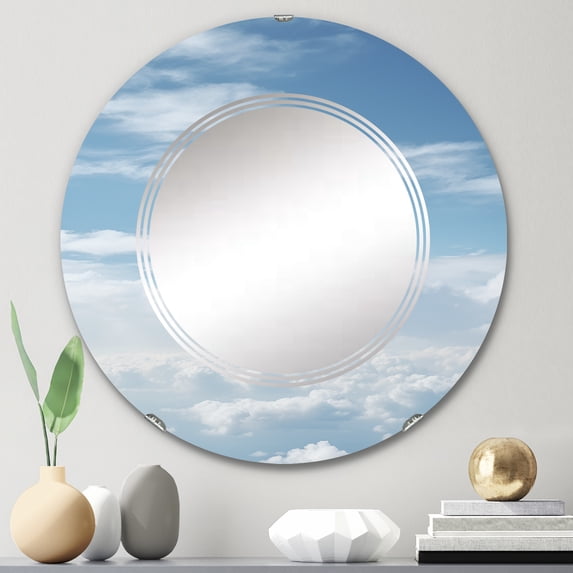 Designart "White Sky Pure gracefulness IV" Landscapes Round Wall Mirror - Traditional Oval Printed Decorative Oversized Mirror - Multiple Color Options