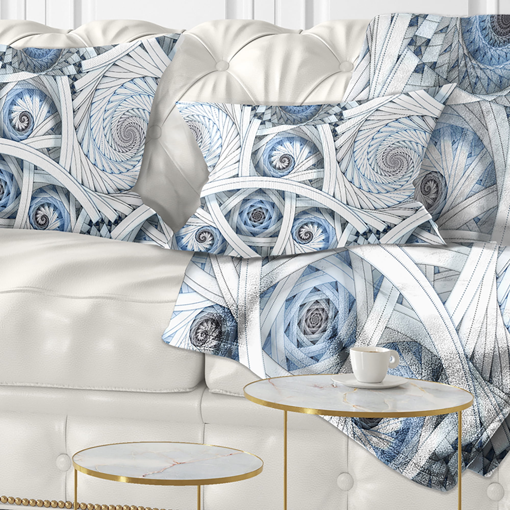 Designart White Spiral with Blue Fractal Art - Abstract Throw Pillow - 12x20