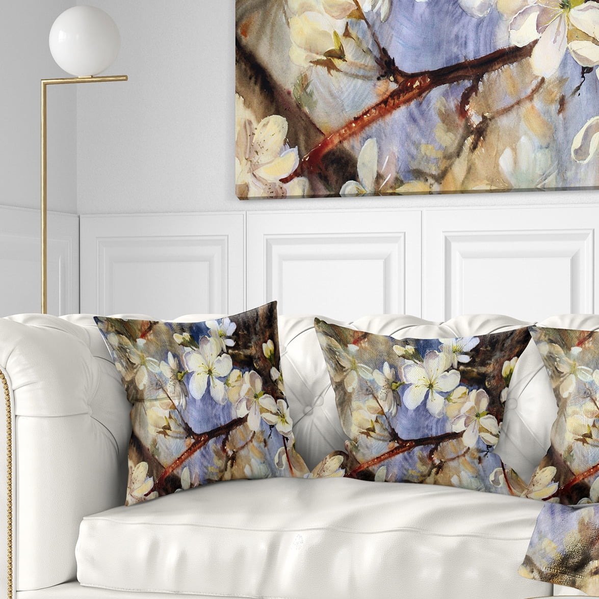 Designart White Spring Flowers - Floral Throw Pillow - 16x16