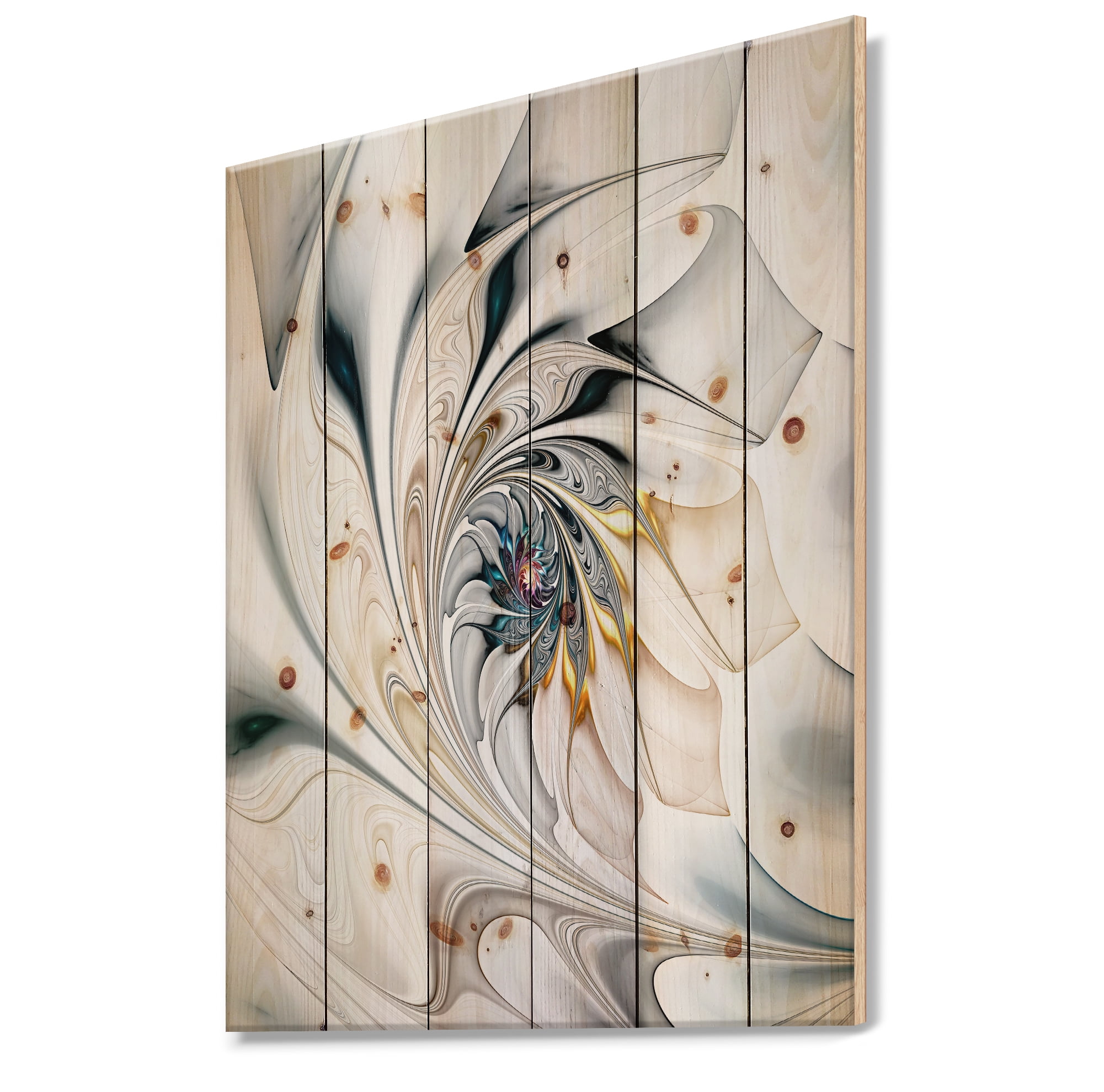 Designart White Stained Glass Floral Art Print on Natural Pine Wood Art Print, 36" x 46"