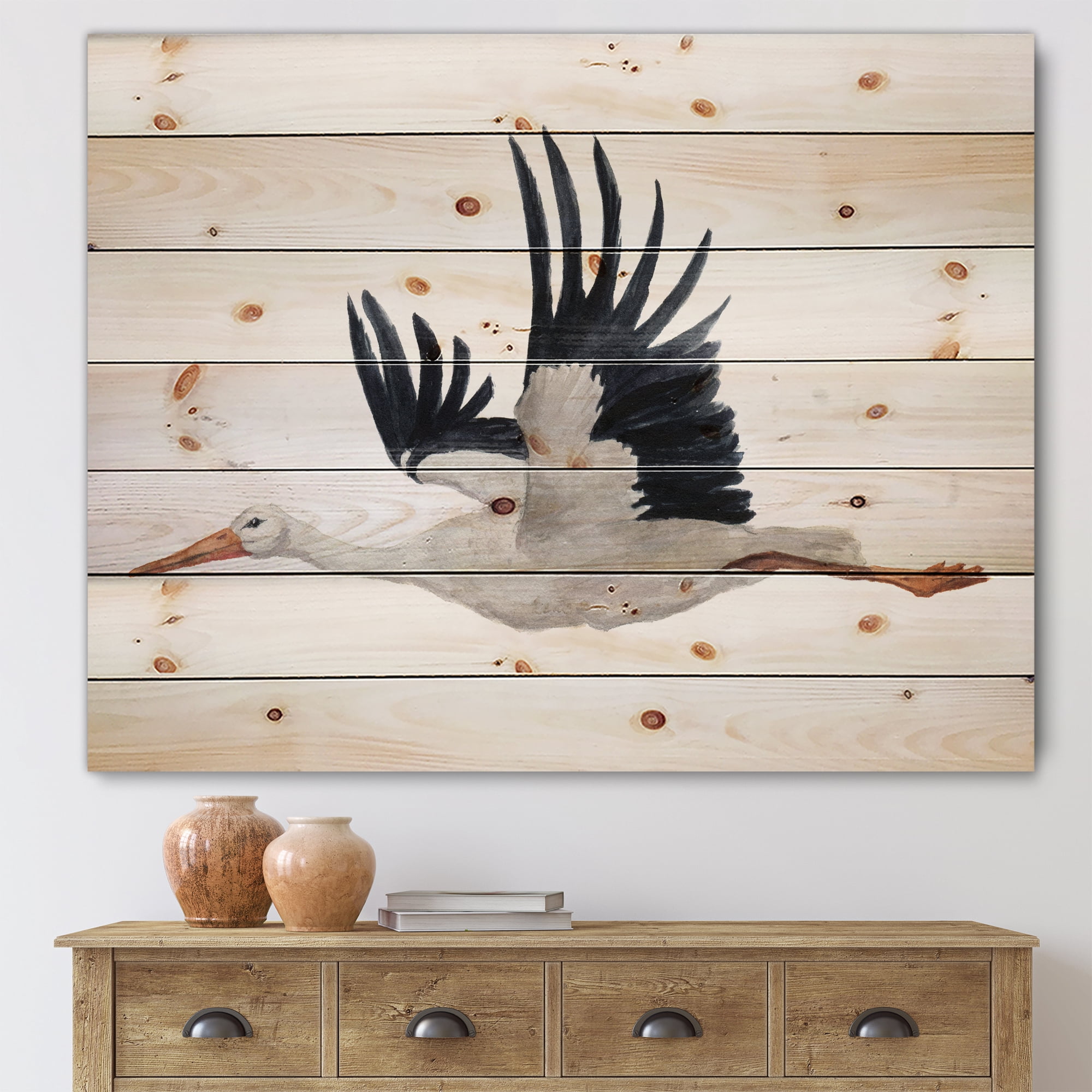 Designart 'White Stork Ciconia Flying Bird ' Traditional Print on Natural Pine Wood