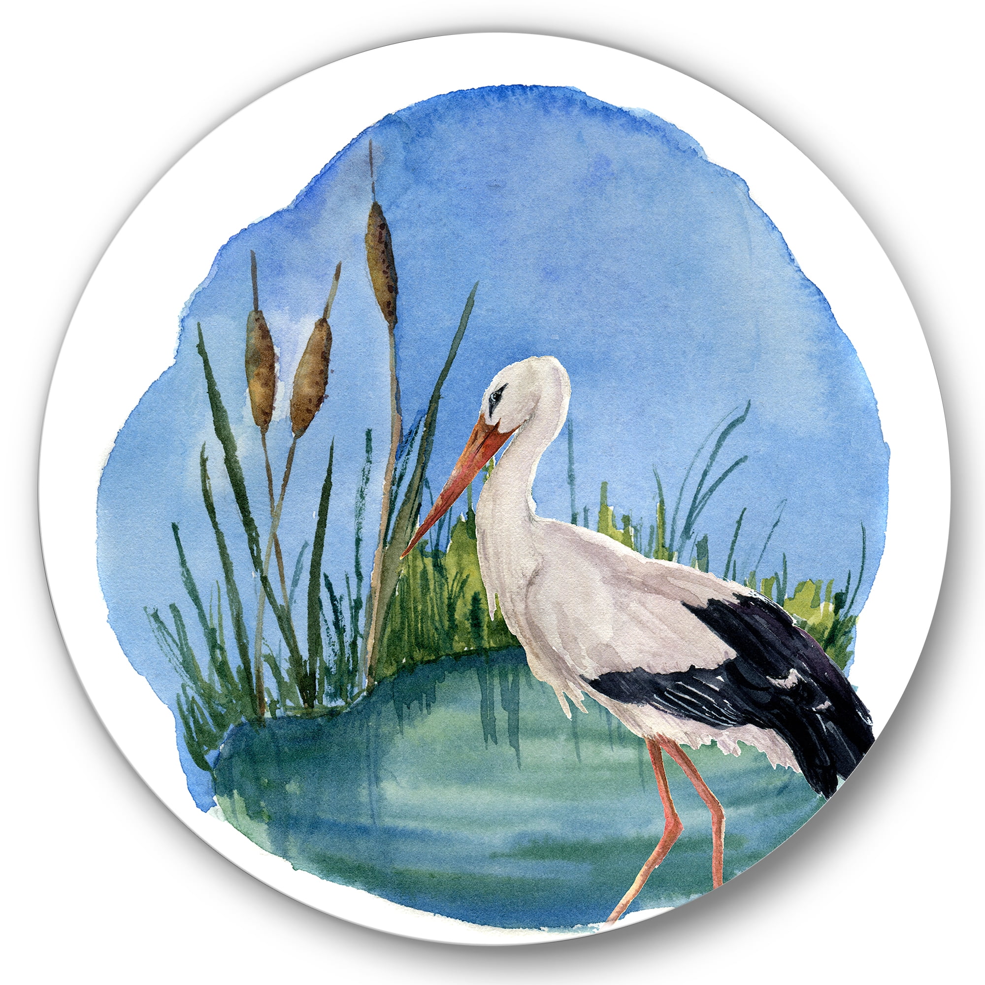 Designart 'White Stork On The Swamp Blue' Traditional Circle Metal Wall Art 36x36 - Disc of 36