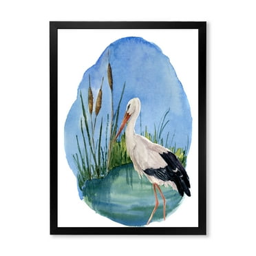 Designart 'White Stork On The Swamp Blue' Traditional Framed Art Print