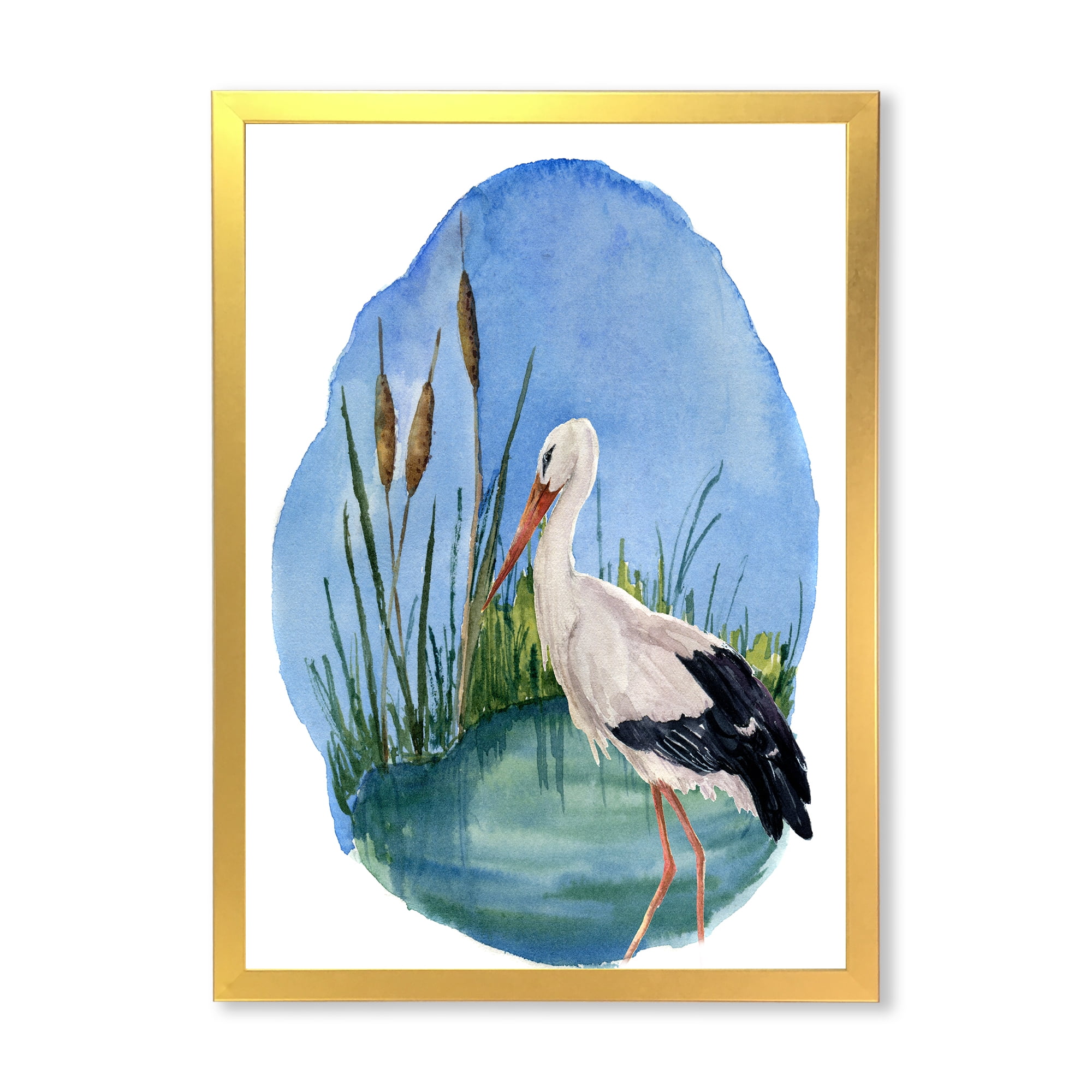 Designart 'White Stork On The Swamp Blue' Traditional Framed Art Print