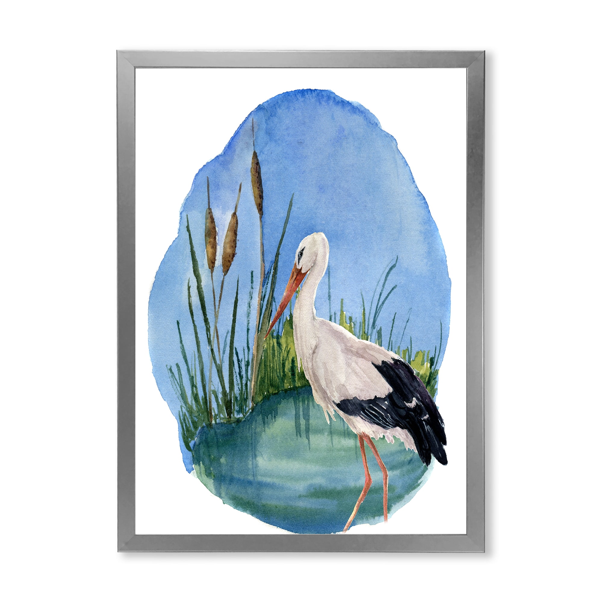 Designart 'White Stork On The Swamp Blue' Traditional Framed Art Print