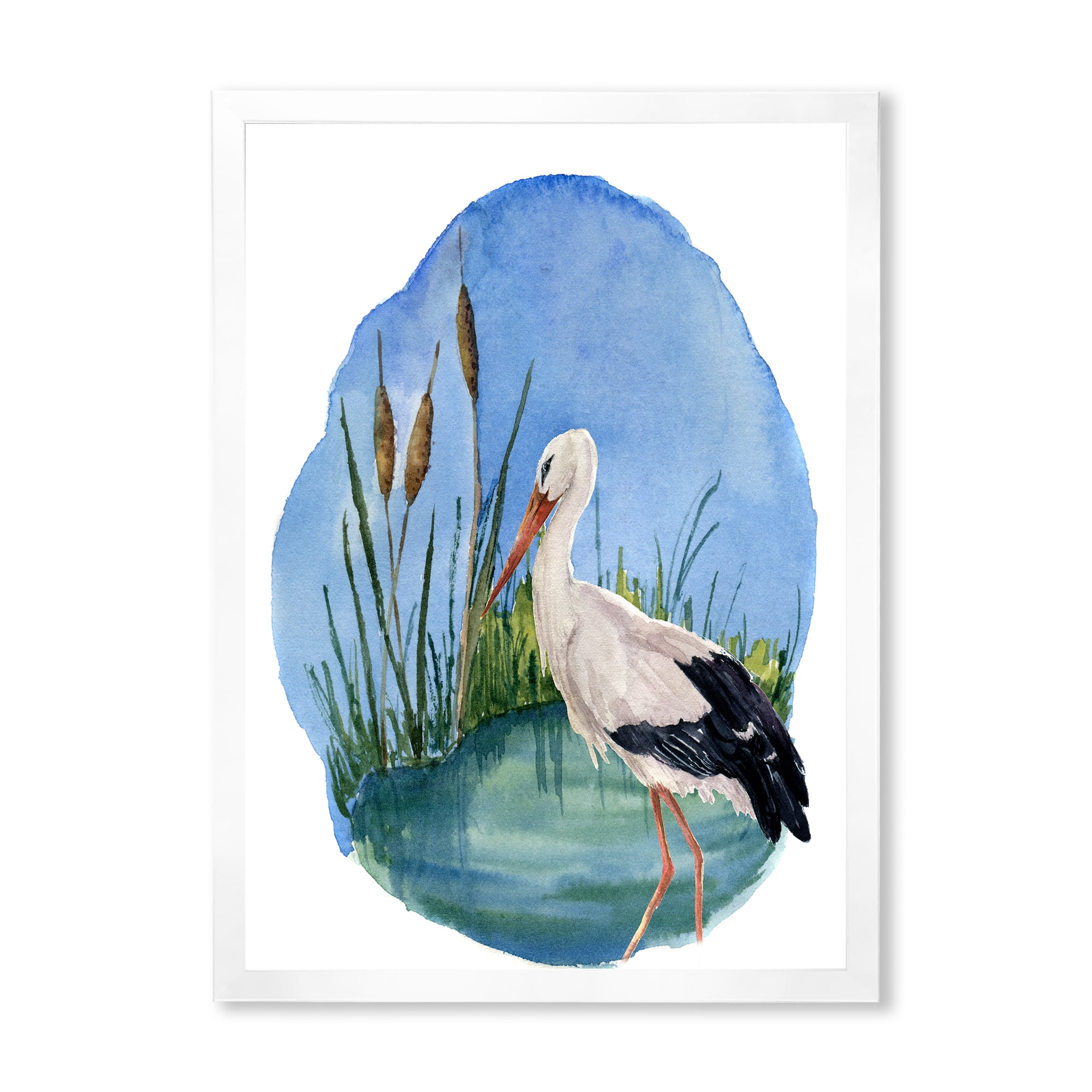 Designart 'White Stork On The Swamp Blue' Traditional Framed Art Print
