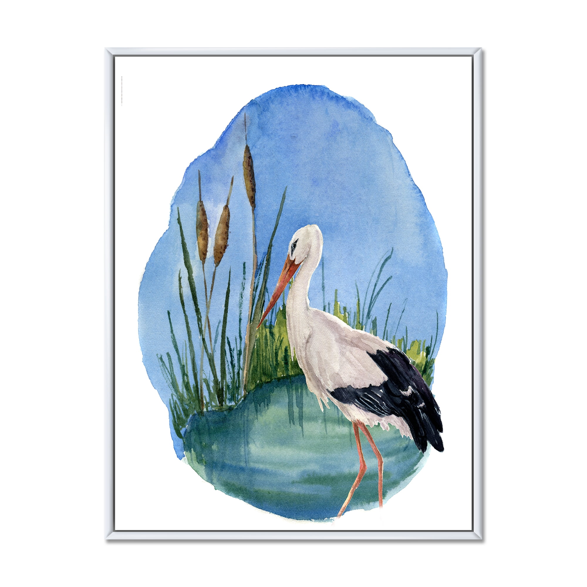 Designart 'White Stork On The Swamp Blue' Traditional Framed Canvas Wall Art Print