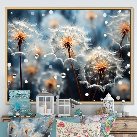 Designart "White Teal Dandelion Euphony III" Floral Floater Framed Canvas Print