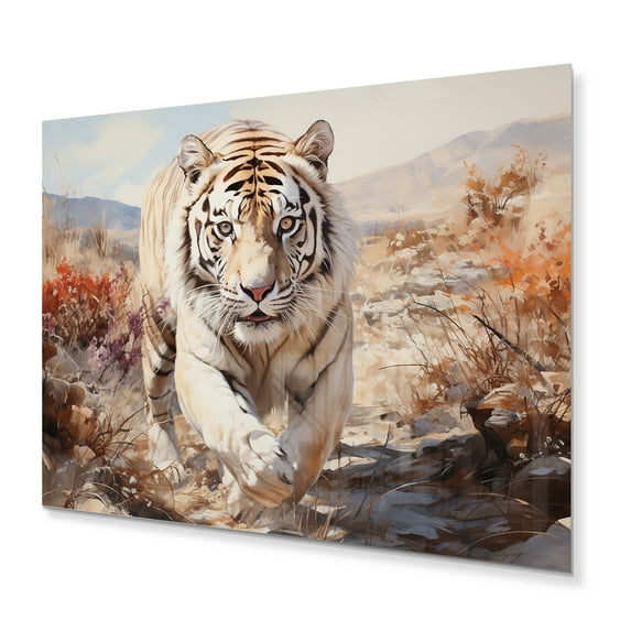 Designart "White Tiger Roaming Vast Grassland II" Animals Tiger Metal Wall Decor