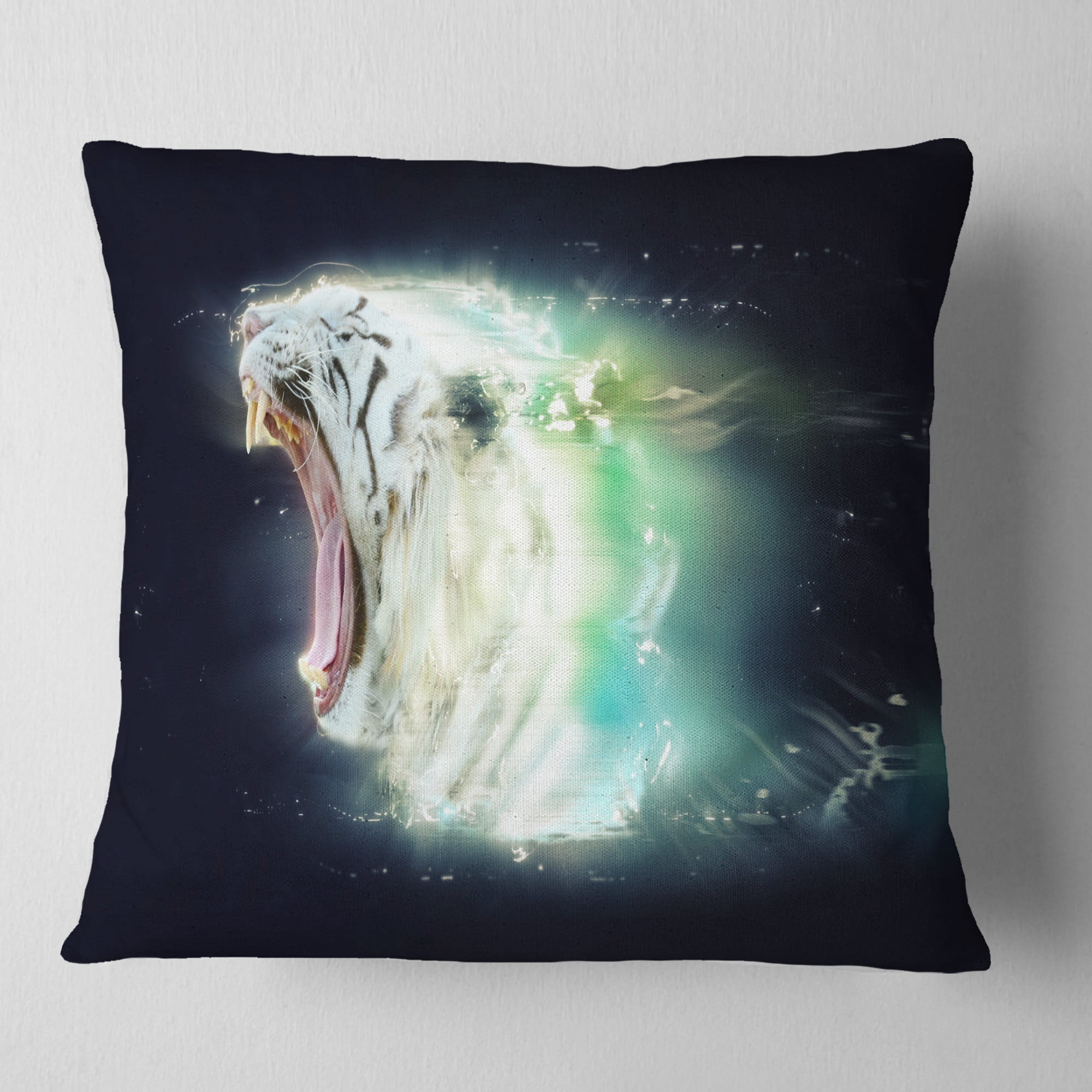 Designart White Tiger with Open Jaws - Animal Throw Pillow - 18x18