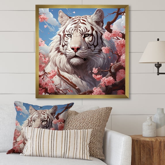 Designart "White Tiger with Pink Florals I" Animals Framed Wall Art Decor - Modern White Tiger Entryway Framed Wall Art Print