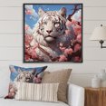 thumbnail image 1 of Designart "White Tiger with Pink Florals I" Animals Framed Wall Art - Traditional White Tiger Entryway Framed Wall Art Print, 1 of 6