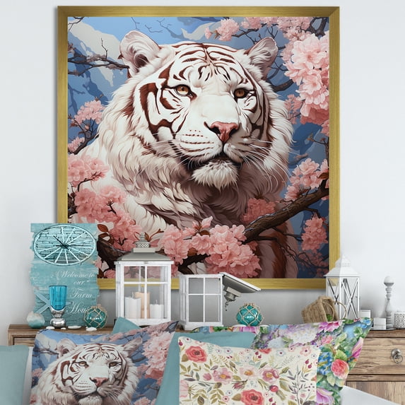 Designart "White Tiger with Pink Florals III" Animals Framed Wall Art Decor - Modern White Tiger Hallway Framed Wall Art Decor