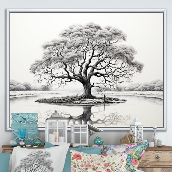 Designart "White Tree Arboretum horizon II" Landscape Trees Floater Framed Wall Decor
