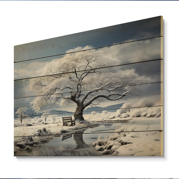 Designart "White Tree Winters Beauty I" Landscape Trees Print on Natural Pine Wood