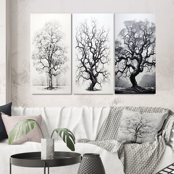Designart "White Tree gracefulness Landscape" Floral & Botanical Wall Art Set Of 3 - Grey Tree Monochrome Gallery Set For Office Decor