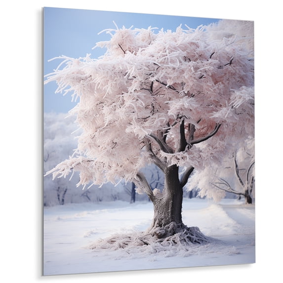 Designart "White Tree in Winter Scenery II" Landscapes Metal Wall Art Prints