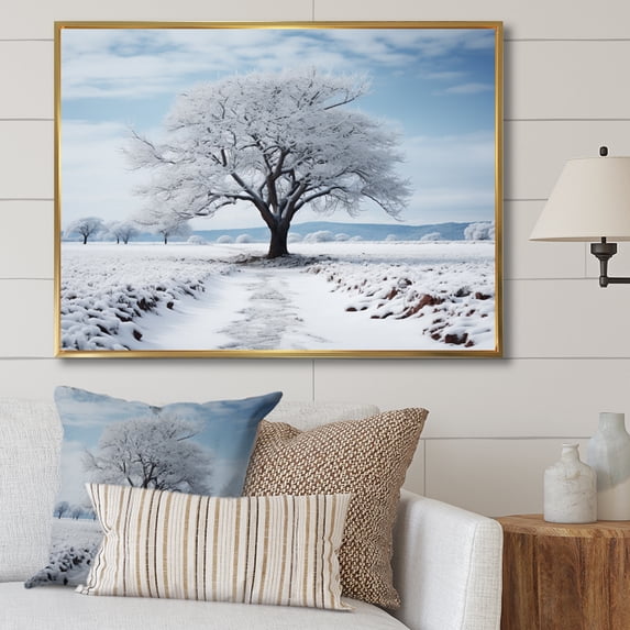 Designart "White Tree winters solitude" Landscape Trees Floater Framed Canvas Art Print